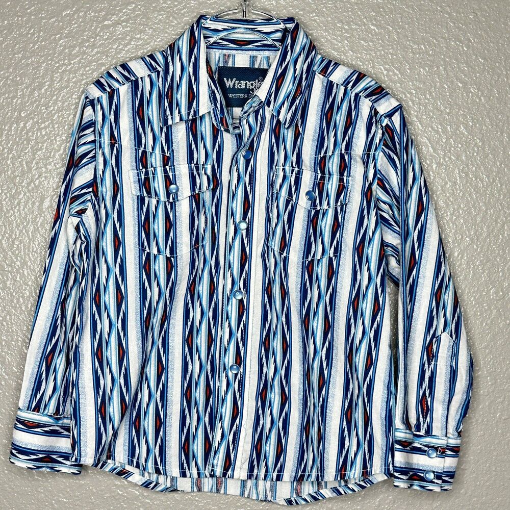 Wrangler Shirt Boys XS (3-4) Western Pearl Snap White/Blue/Red Plaid rodeo Shirt